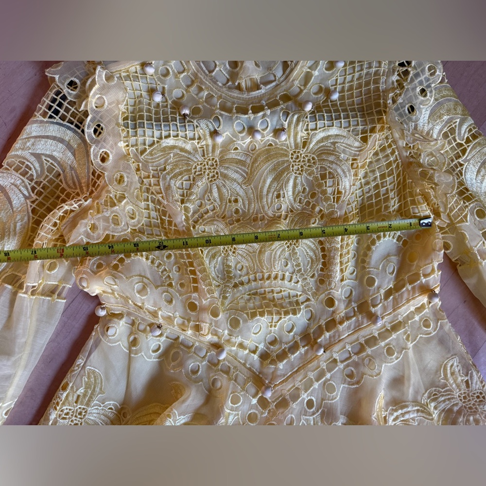 Vintage Bright Yellow Lace Long-Sleeve Fit-and-Flare Dress - Picture 7 of 16